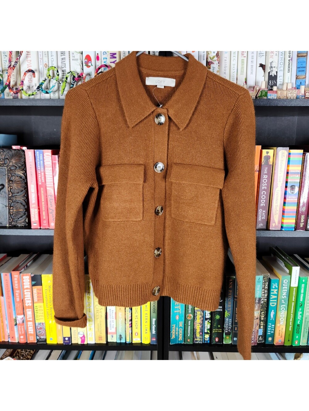 LOFT Brown Knit Sweater Jacket Medium Button Front Collared Pocket Cardigan Med